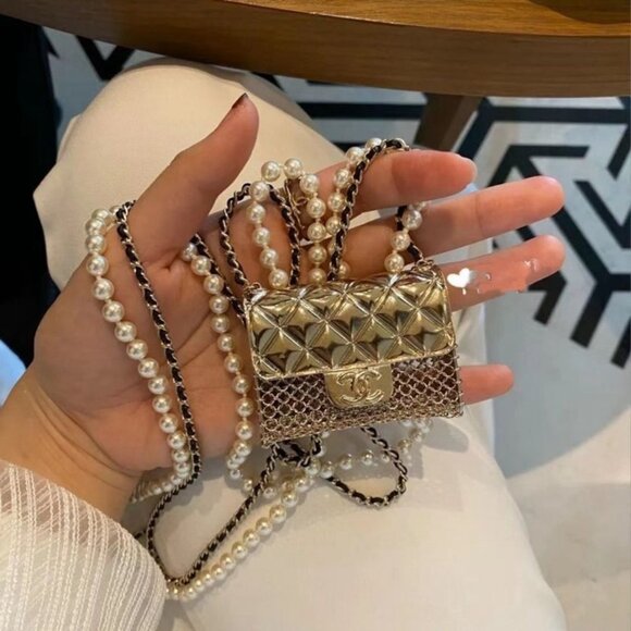 CHANEL MICRO BAG Pendant Bling NECKLACE 2 Strap Crossbody Gold & Pearls - Picture 9 of 13